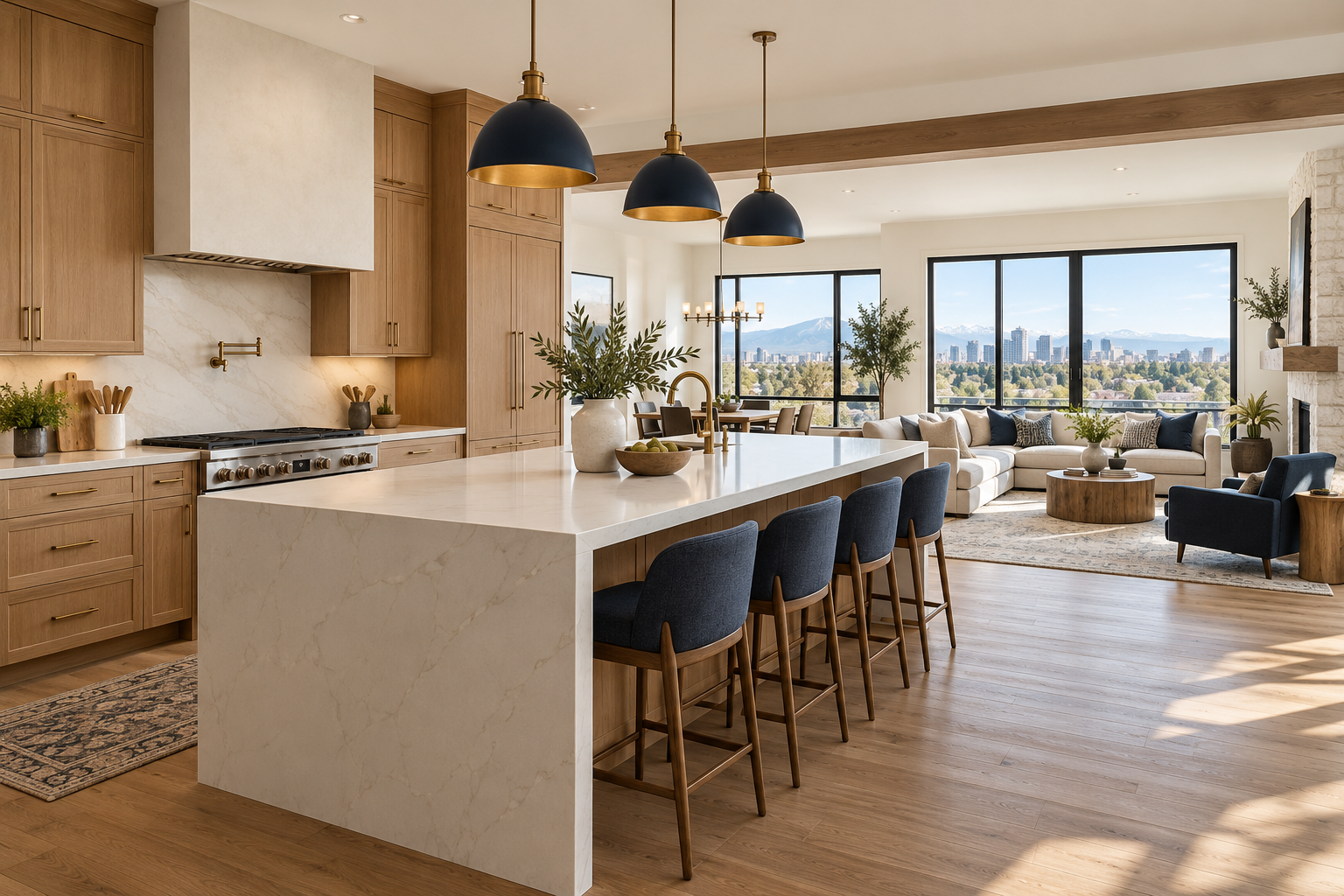 Illustration of a bright renovated home kitchen with natural wood cabinetry